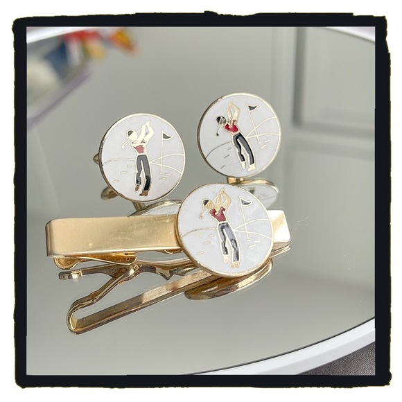💕Beautiful Vintage Swank Cloisonné Golf Cufflinks & Tie clip Set💕 - Picture 2 of 6